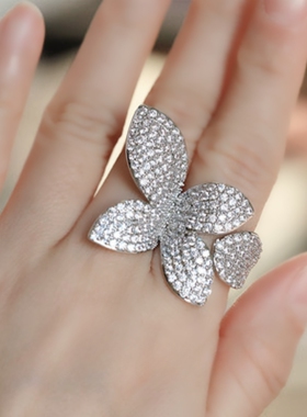 欧美个性气质小众设计新款花朵树叶镶锆石戒指夸张潮流开口食指戒