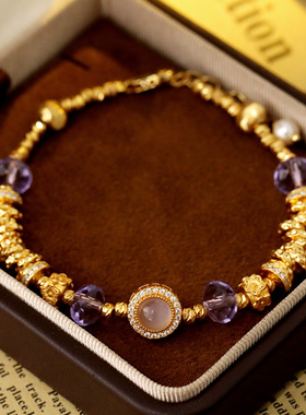 新中式紫色水晶盘缠拉丝猫眼手链轻奢高级感手串时尚气质串珠手饰