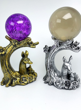 树桩小鹿水晶球底座树脂工艺品原石矿标底托梅花鹿木桩球座