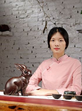 黑檀木雕兔子摆件实木质动物十二生肖兔家居客厅装饰品红木工艺品