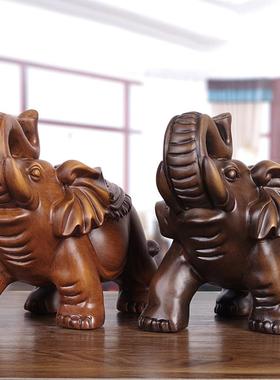 实木雕招财大象摆件一对工艺品客厅玄关办公室桌装饰乔迁新居礼品