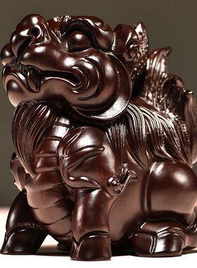 黑檀木雕麒麟摆件实木雕刻麒麟一对家居玄关客厅公司装饰开业送礼