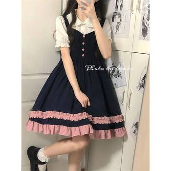 ຊຸດສອງສິ້ນຂອງຍີ່ປຸ່ນ Lolita bow suspender dress ສໍາລັບນັກຮຽນຍິງ + ເສື້ອ doll collarable