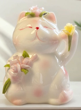 现代陶瓷猫咪摆件手捏工艺品暖居客厅酒柜摆件装饰品乔迁新居礼品