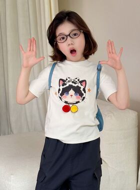 女童春夏新款印花猫咪短袖T恤女