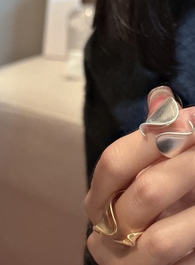 S925纯银韩版小众设计感磨砂褶皱戒指韩系风简约基础款哑光指环