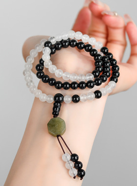 批发道家流珠太极八卦老君八十一白玉髓黑曜石81颗男女士多圈手串