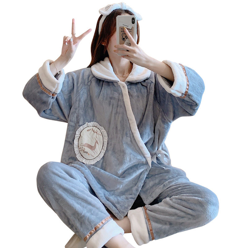 孕妇秋冬季珊瑚绒月子服10月份睡衣 蓝莜娜家居服套装