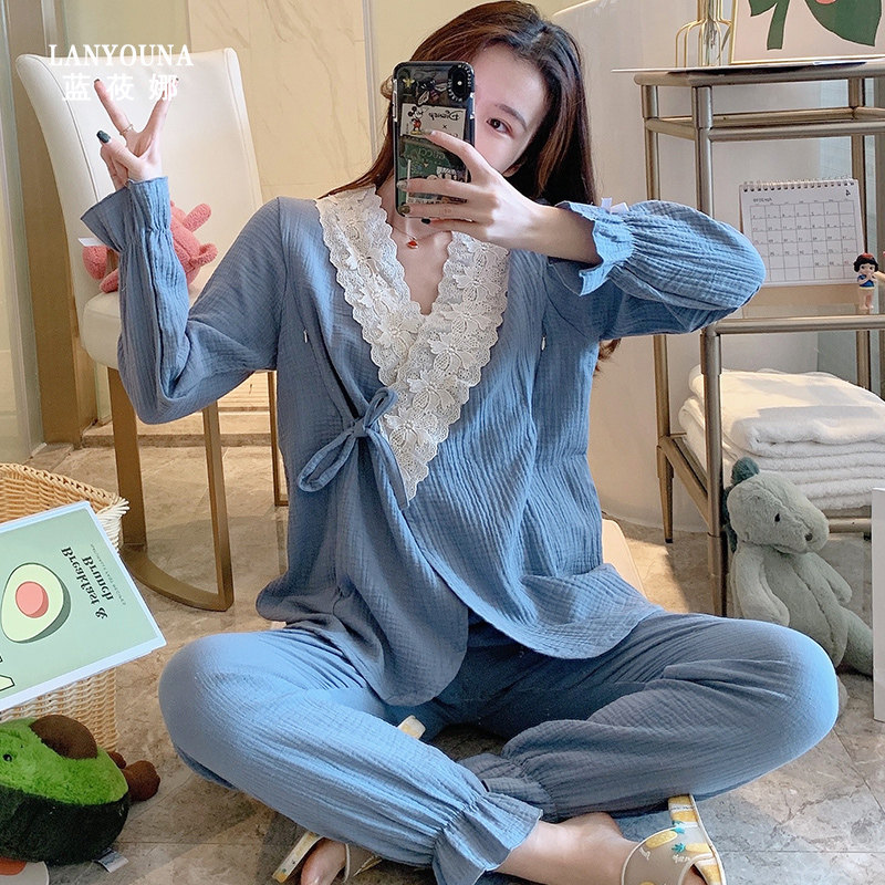孕妇夏季纯棉纱布月子服哺乳期睡衣 蓝莜娜家居服套装