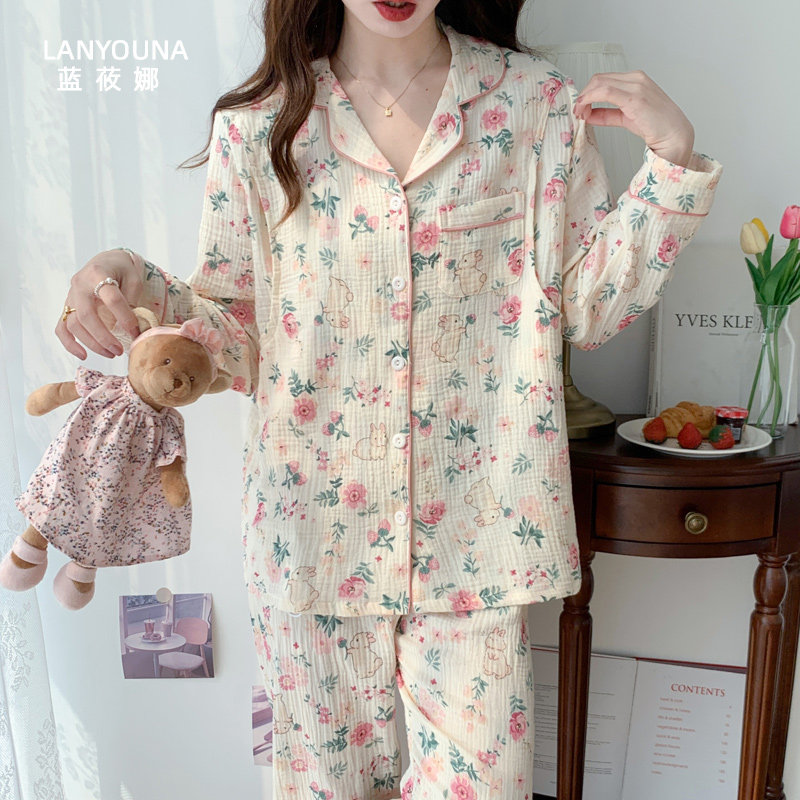 月子服纯棉纱布产后春秋3月份睡衣 蓝莜娜家居服套装