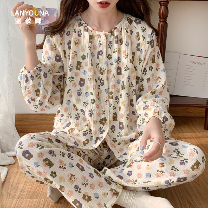 月子服纯棉纱布夏季产后3月份睡衣 蓝莜娜家居服套装