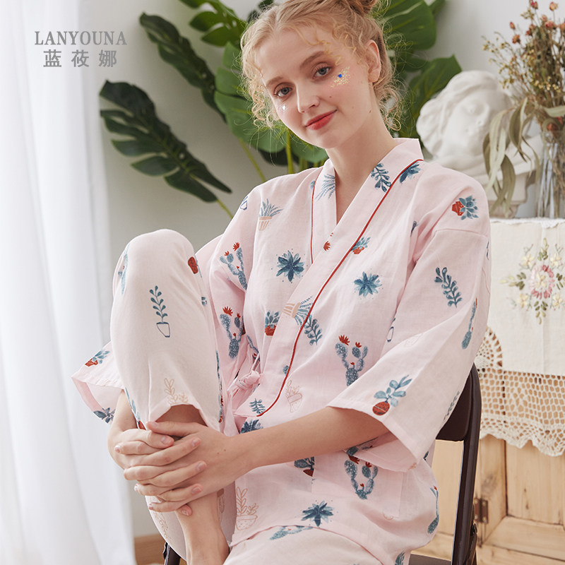 月子服夏季纯棉纱布孕妇哺乳期睡衣 蓝莜娜家居服套装