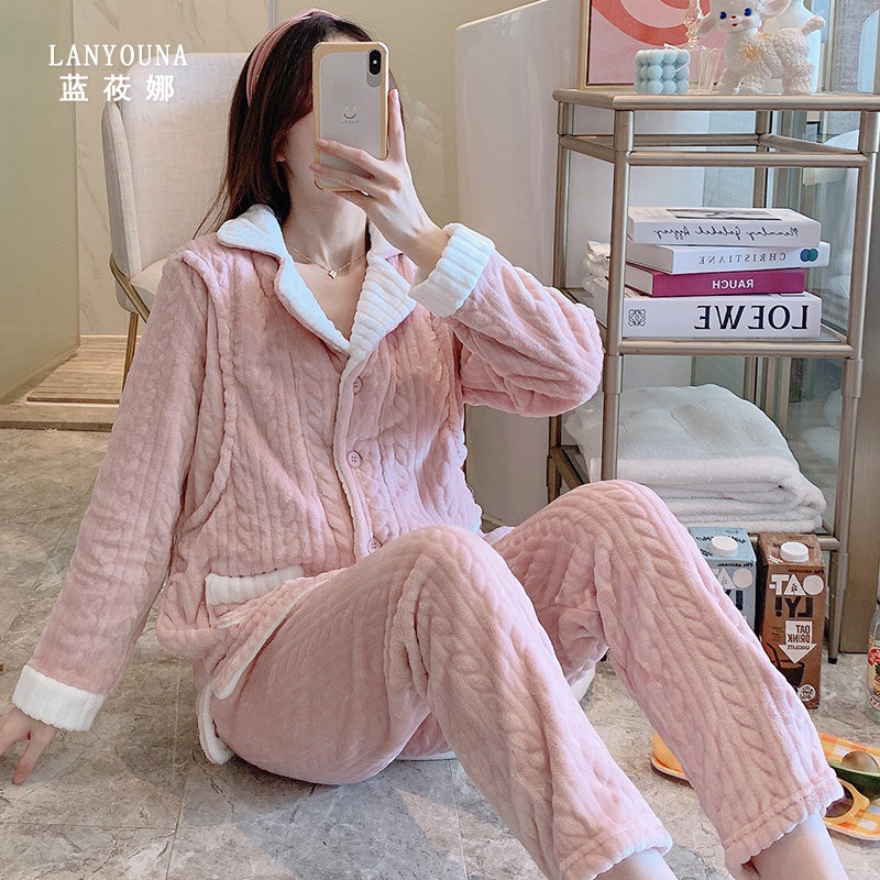 珊瑚绒月子服冬季产后加绒喂奶睡衣 蓝莜娜家居服套装