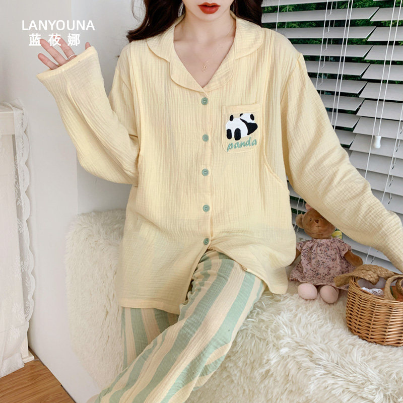 孕妇春秋款纯棉纱布月子服睡衣 蓝莜娜家居服套装