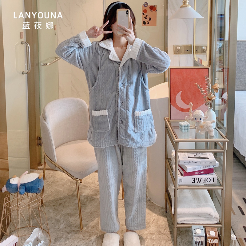 月子服秋冬季12月份1产后加绒睡衣 蓝莜娜家居服套装