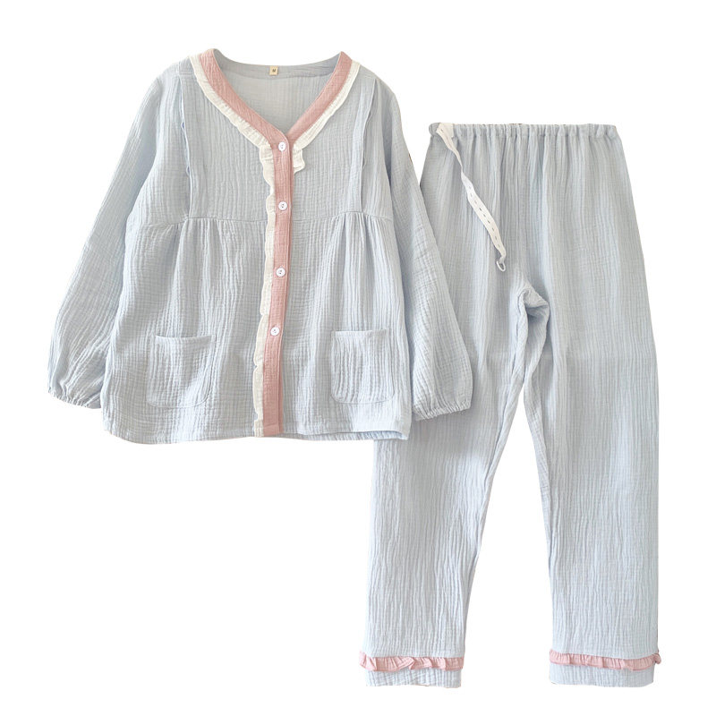 月子服夏季产后纯棉纱布3月份睡衣 蓝莜娜家居服套装