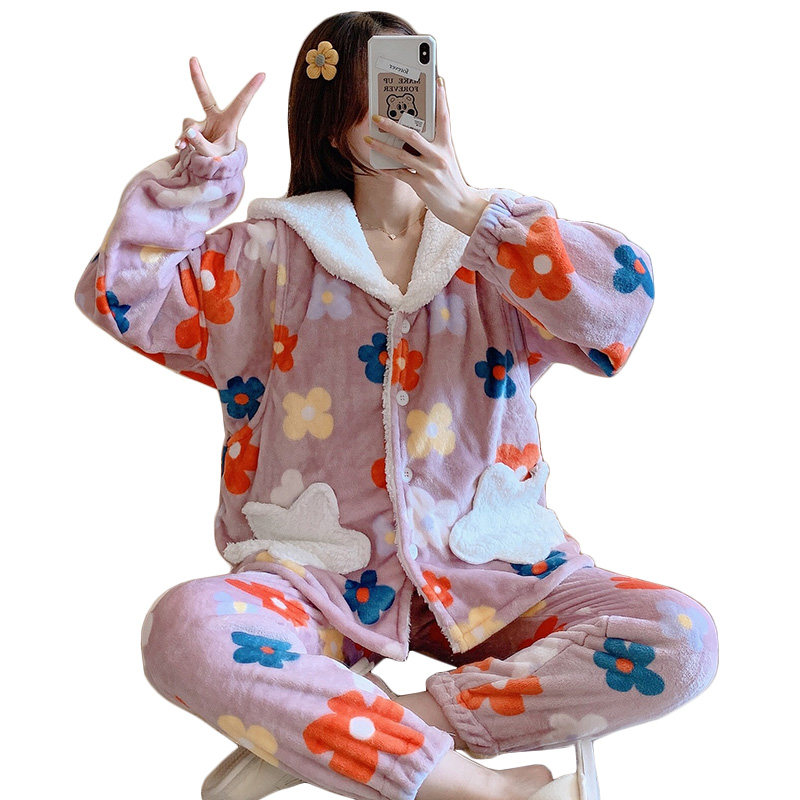 月子服秋冬季产后10月份11加绒睡衣 蓝莜娜家居服套装