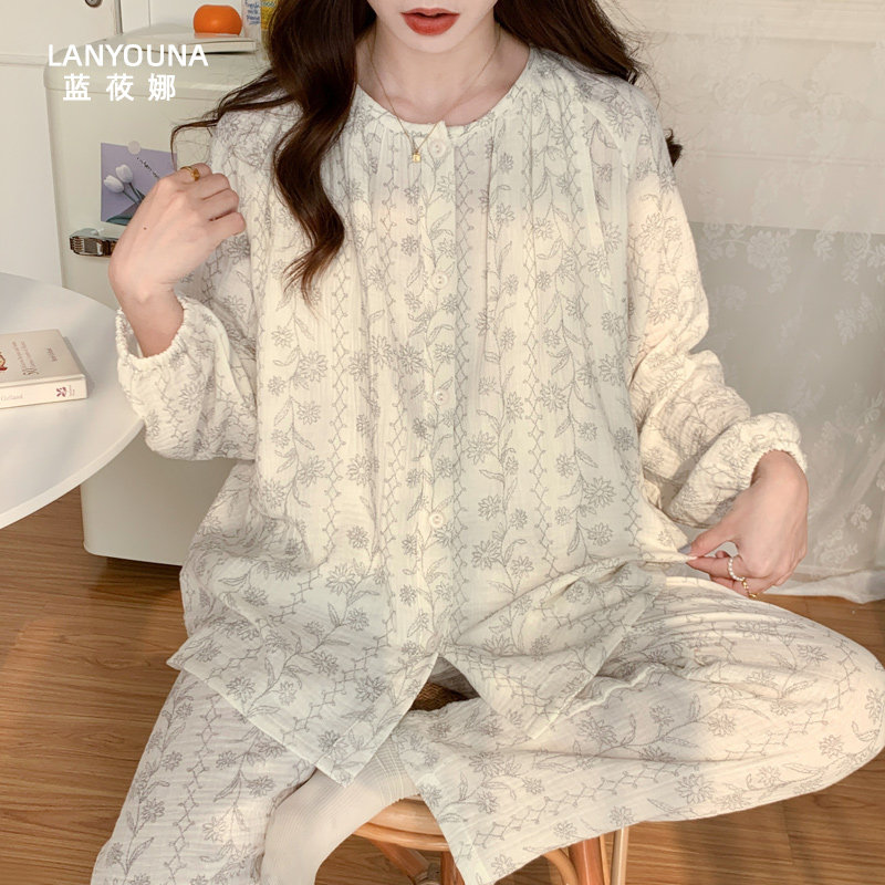 月子服纯棉纱布夏季3月份4睡衣 蓝莜娜家居服套装