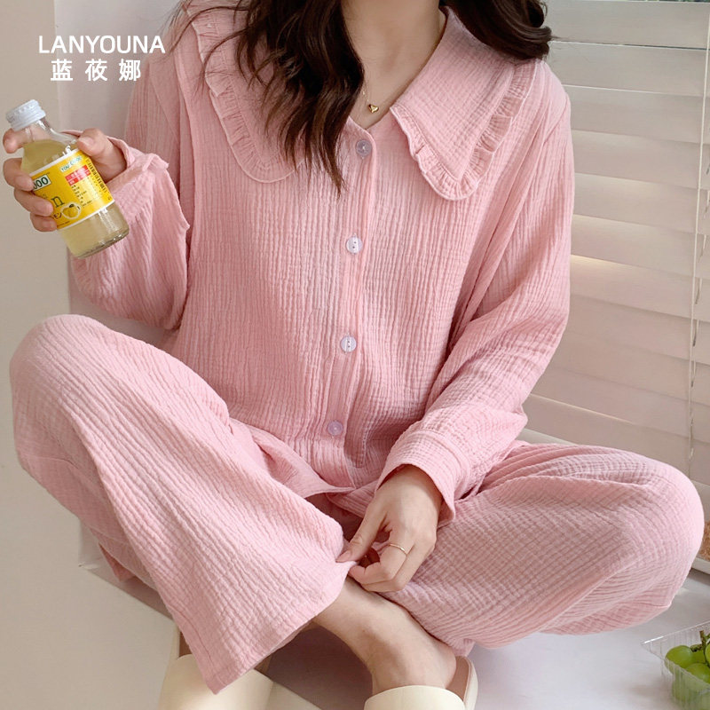 孕妇春秋纯棉纱布月子服3月份睡衣 蓝莜娜家居服套装