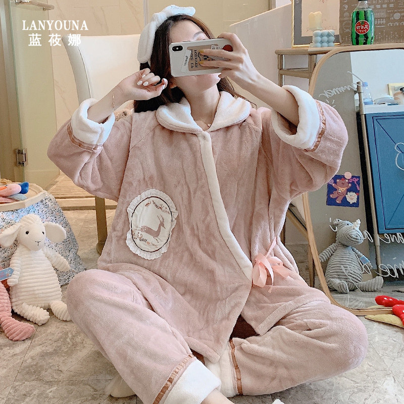 孕妇秋冬季月子服加绒珊瑚绒11睡衣 蓝莜娜家居服套装