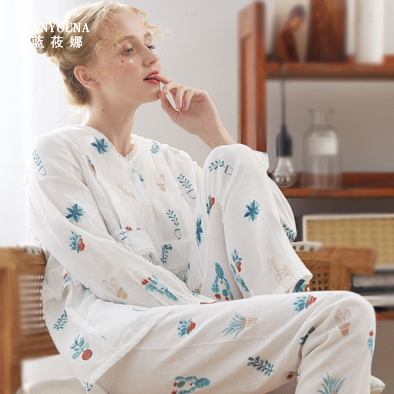 月子服春秋纯棉产后孕产妇6 7睡衣 蓝莜娜家居服套装