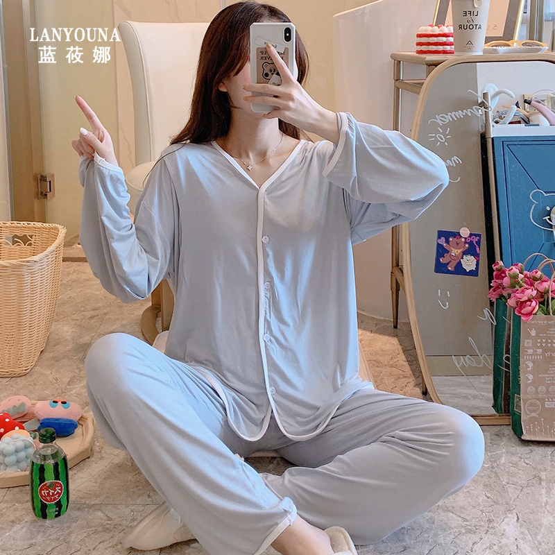 莫代尔月子服夏季产后10月份11睡衣 蓝莜娜家居服套装