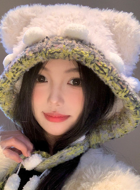 韩版小熊耳朵可爱毛绒针织帽子女冬季保暖护耳雷锋帽显脸小百搭