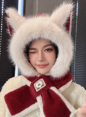 可爱狐狸耳朵毛绒红色帽子围巾一体女秋冬季高级感围脖骑车保暖帽