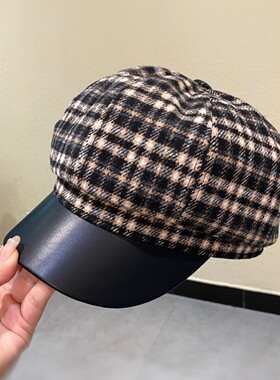 圣诞红色格子拼接鸭舌帽女韩系百搭显脸小八角画家帽网红贝雷帽冬