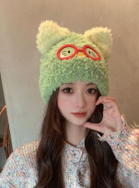 可爱小熊耳朵毛绒帽女冬季毛毛帽子显脸小大头围保暖毛线帽雷锋帽