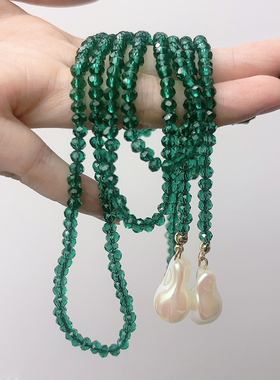 小众设计异形巴洛克珍珠长款项链黑绿水晶系绳轻奢高级感锁骨链潮