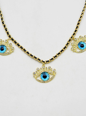 欧美个性三只恶魔眼吊坠项链皮革编织链条毛衣链时尚长款颈链潮女