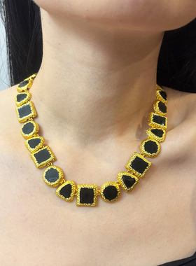 宫廷风中古黑色几何方块拼接项链复古金属风时髦高级冷淡风锁骨链