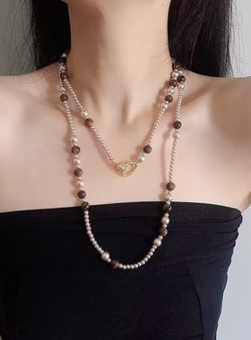 棕色串珠叠戴珍珠项链女秋冬时尚百搭毛衣链轻奢高级感饰品配饰
