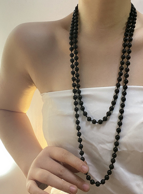 珍珠串珠女黑色长款项链颈链