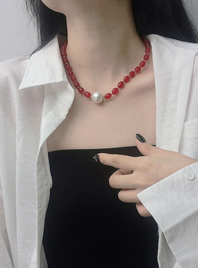 新中式红色串珠项链女2025年新款轻奢高级感珍珠锁骨链百搭颈链