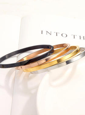 欧美风格简约光面卡扣手镯冷淡风4mm宽无情侣不锈钢手环手镯