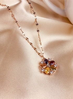 欧美创意镶钻嘴唇链钛钢项链女 七彩花朵铜吊坠14k金几何锁骨链
