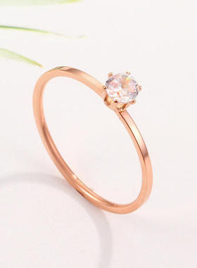 新款简约极细六爪单钻石戒指 镶钻玫瑰金钛钢戒指女饰品