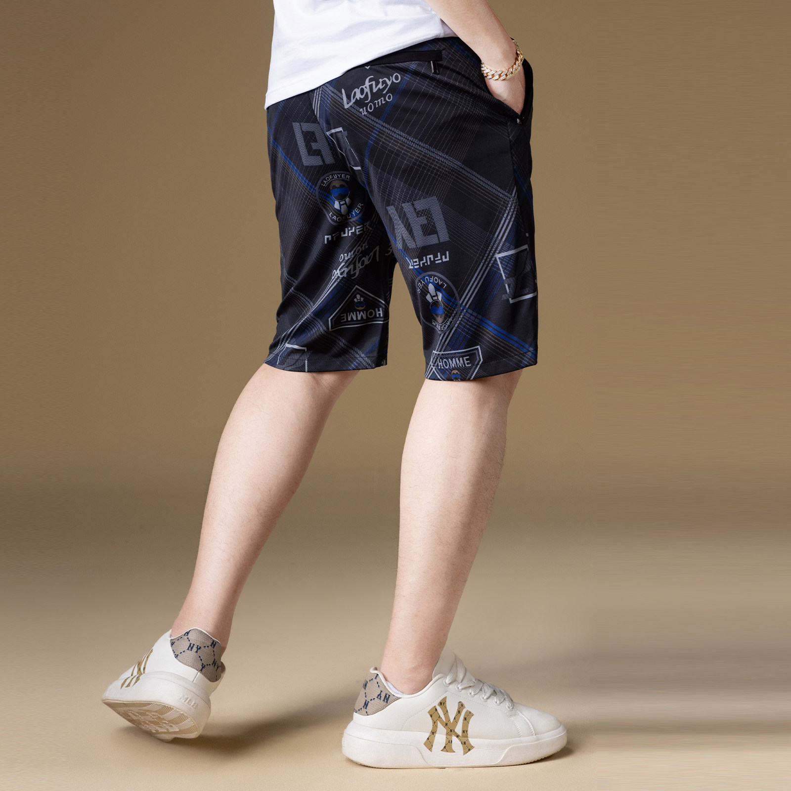 ZOUK欧货冰丝5分短裤男款夏季沙滩裤条纹印花复古男士轻奢休闲裤,淘宝优惠券,粉丝福利购,淘宝优惠卷