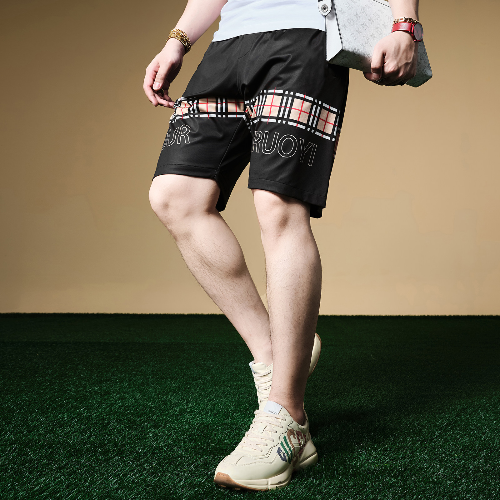 ZOUK男士裤子2022新款格纹印花休闲五分裤冰丝短裤男潮牌夏季百搭,淘宝优惠券,粉丝福利购,淘宝优惠卷