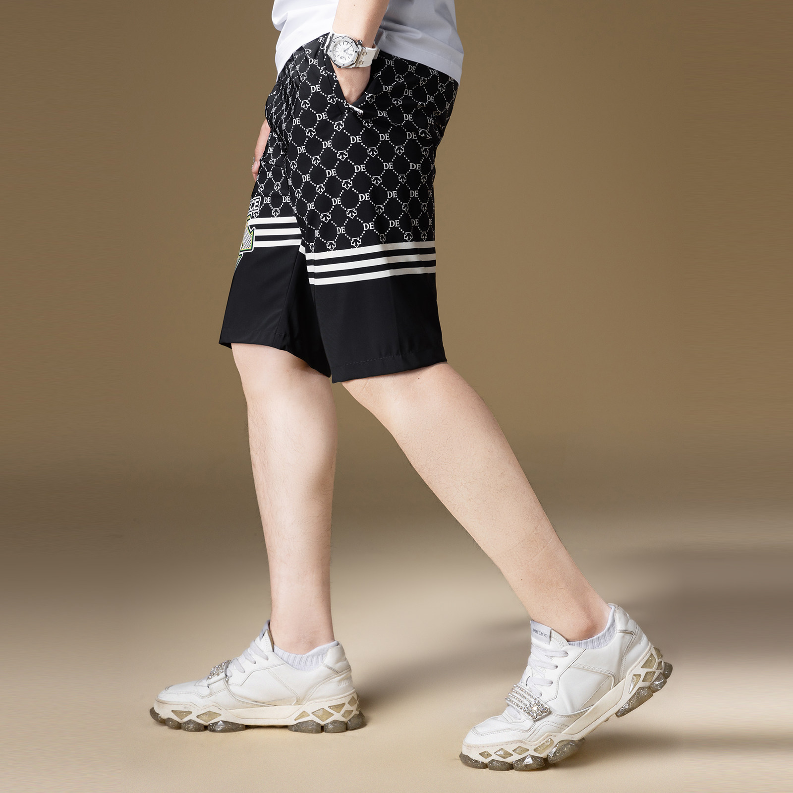 ZOUK冰丝短裤男5分潮牌满花条纹沙滩裤男夏季薄款休闲裤2023新款,淘宝优惠券,粉丝福利购,淘宝优惠卷