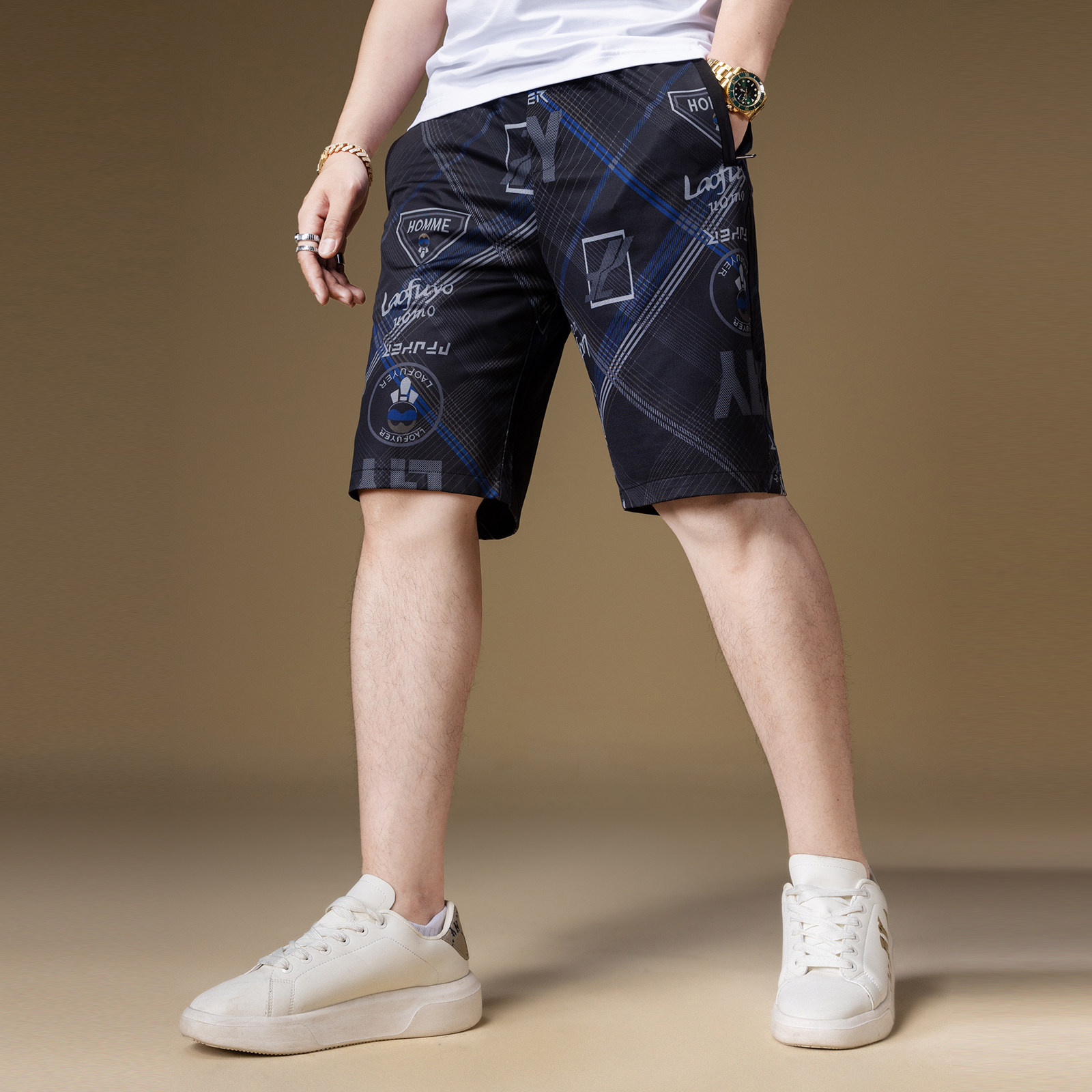 ZOUK欧货冰丝5分短裤男款夏季沙滩裤条纹印花复古男士轻奢休闲裤,淘宝优惠券,粉丝福利购,淘宝优惠卷