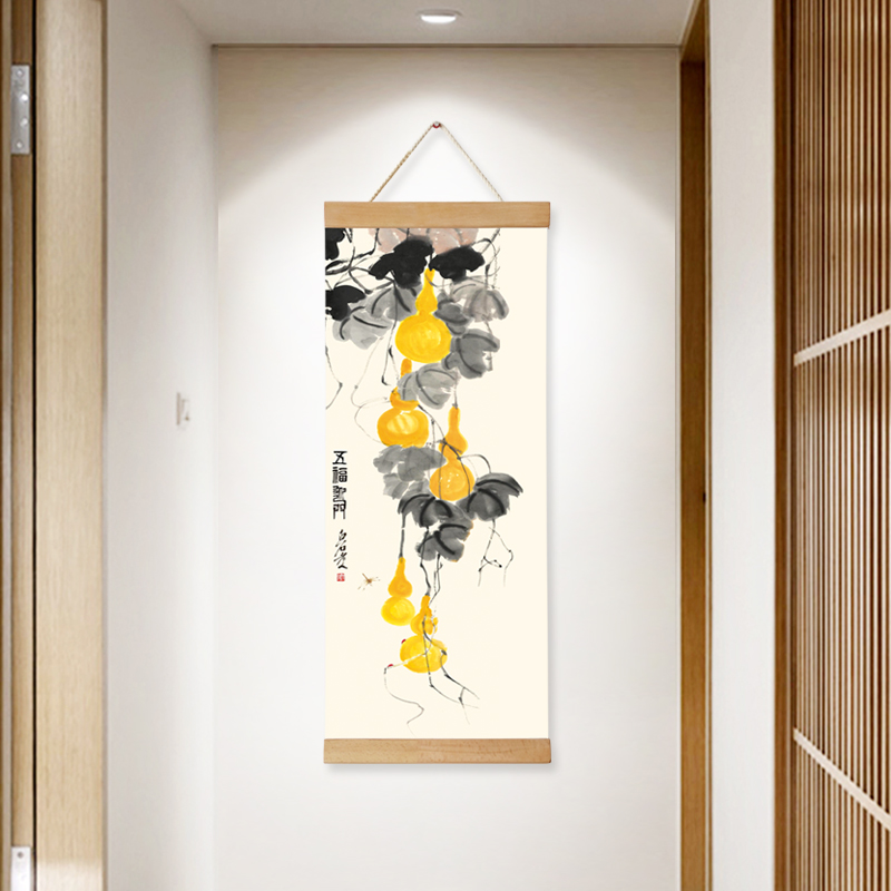 新中式玄关五福临门挂画茶室背景装饰画走廊尽头壁画荷花花鸟墙画 - 图0