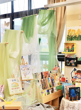 新中式环创清新背景布料幼儿园春夏国风区角隔断装饰材料书法纱幔