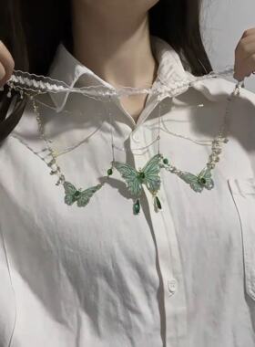 蕾丝绿色蝴蝶流苏项链仙气小众腿环女森系纯欲腿链性感辣妹身体链