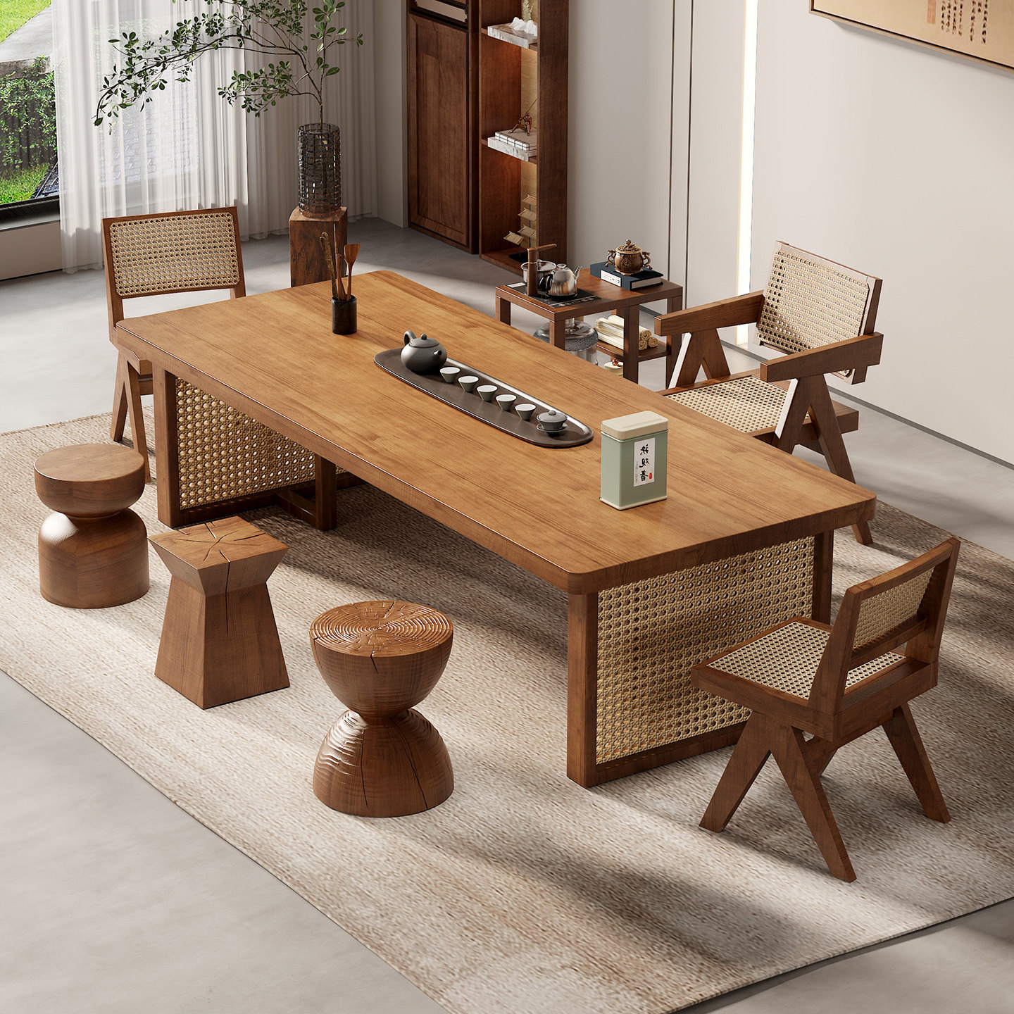 新中式阳台藤编茶桌椅组合茶几客厅家用阳台精致小茶桌实木茶台,淘宝优惠券,粉丝福利购,淘宝优惠卷