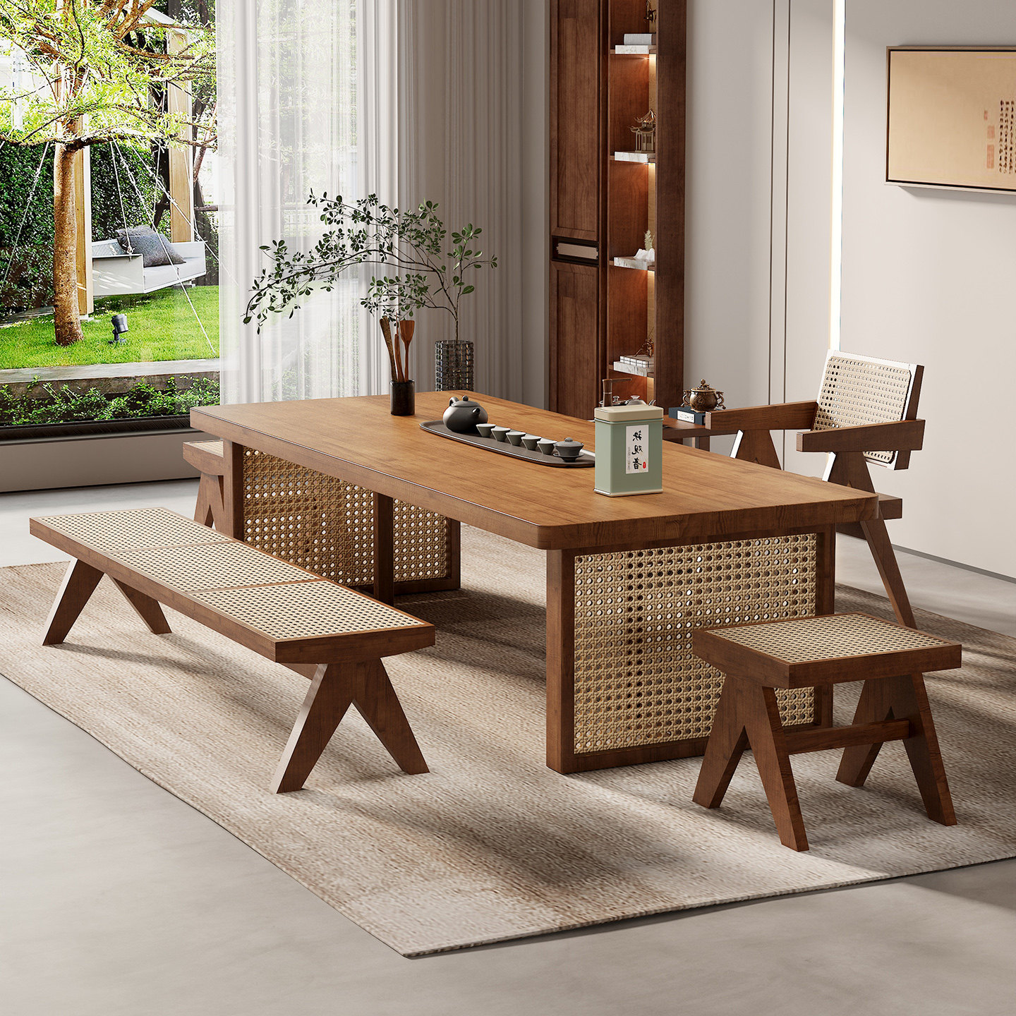 新中式阳台藤编茶桌椅组合茶几客厅家用阳台精致小茶桌实木茶台,淘宝优惠券,粉丝福利购,淘宝优惠卷