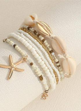 Boho style woven summer beach shell bracelet set of 7 pieces