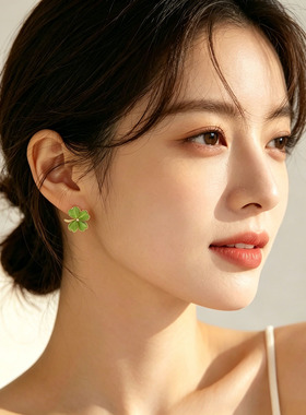绿色四花瓣耳饰耳环女